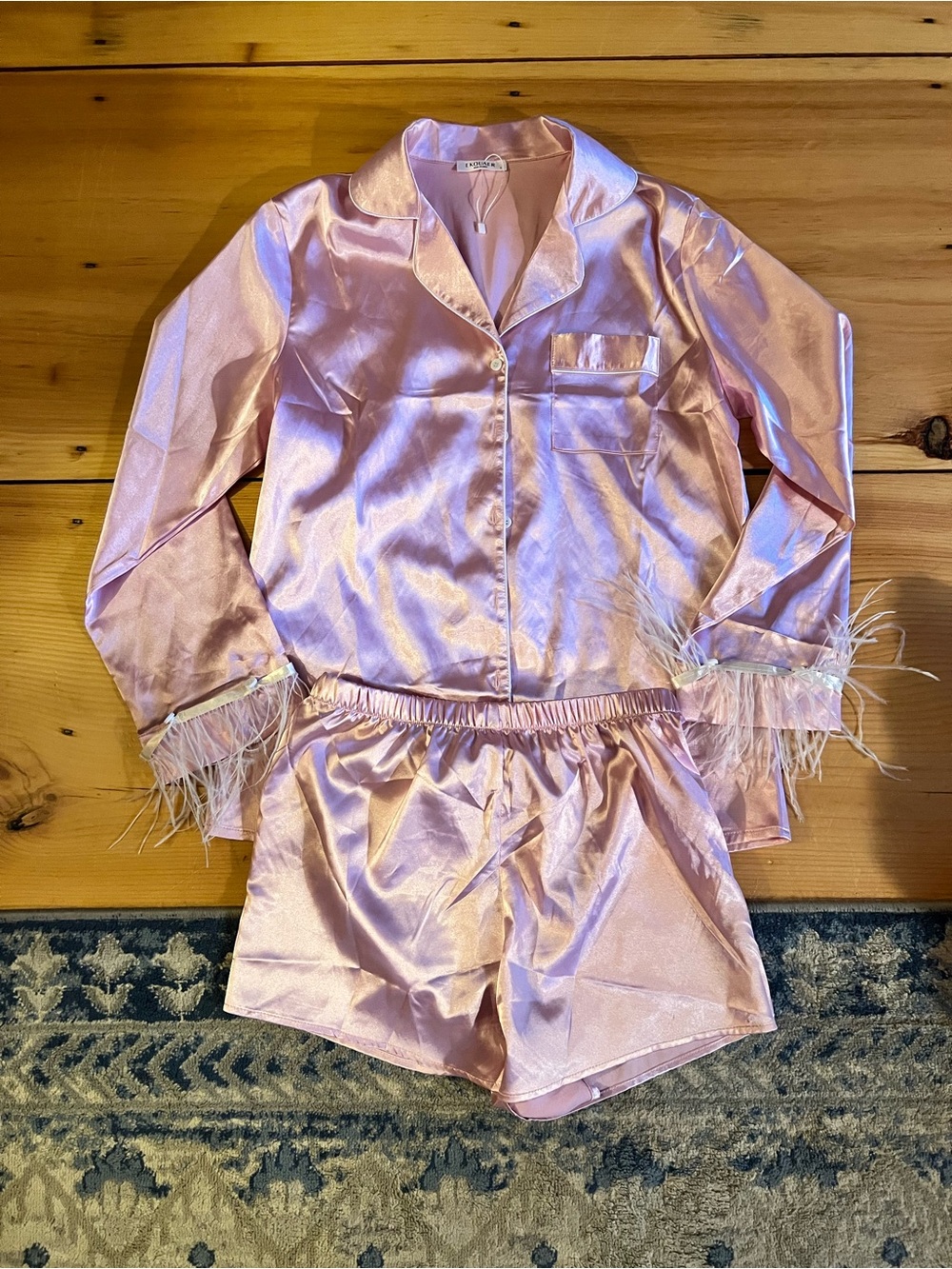 Satin Feather-Trim Pajama Set - Pink
